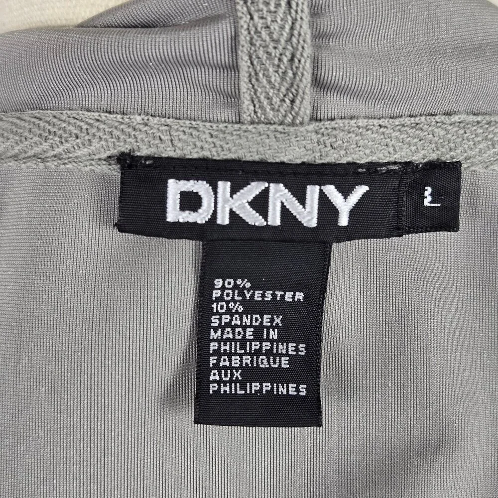 DKNY Sz Large Gray Velour Zip Front Casual Jacket Drawstring Hood Front Pockets